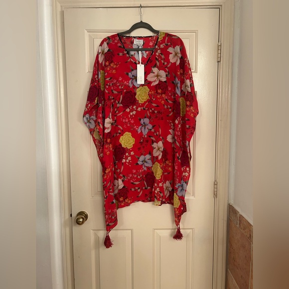 NWT Jade Johnny Was Top Red Silk Vega Tunic Pullover Floral Dress Boho XS - Picture 3 of 7
